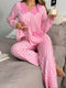 Fashorio Pink / S Stripe Buttoned Front Long Sleeve Top and Pants 2 Piece Sleepwear
