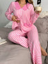Fashorio Pink / S Stripe Buttoned Front Long Sleeve Top and Pants 2 Piece Sleepwear