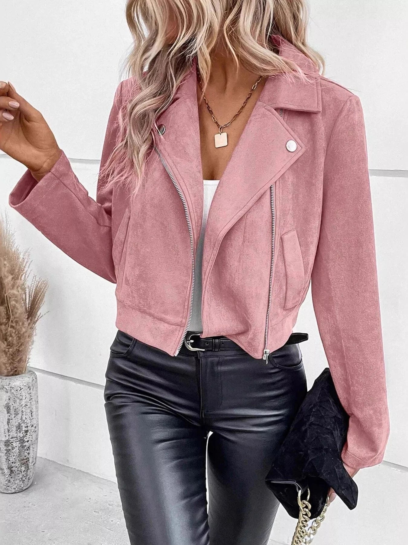 Suede Moto Jacket with Zip Detail Pink - Fashorio