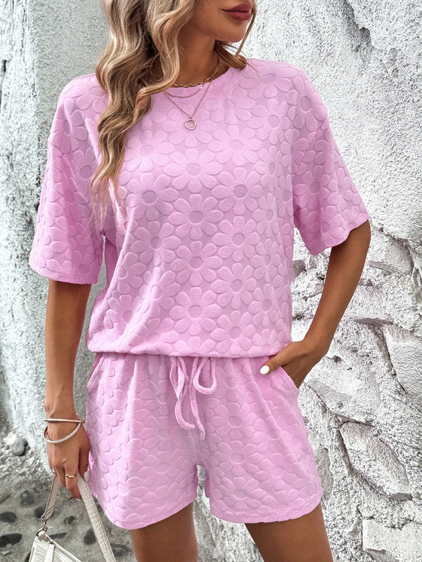 Fashorio Pink / XS Flower Round Neck Top and Shorts Lounge Set
