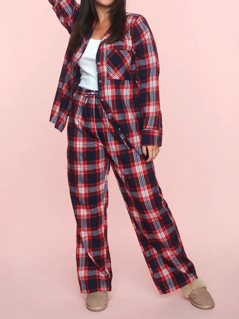 Fashorio Plaid Collared Neck Button Up Top and Pants Lounge Set