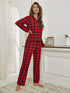 Fashorio Plaid Collared Neck Long Sleeve Top and Pants Lounge Set