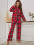 Fashorio Plaid Collared Neck Long Sleeve Top and Pants Lounge Set