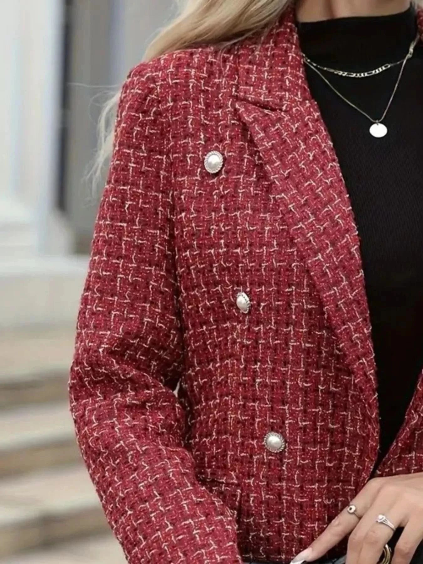 Plaid Double-Breasted Tweed Blazer - Fashorio