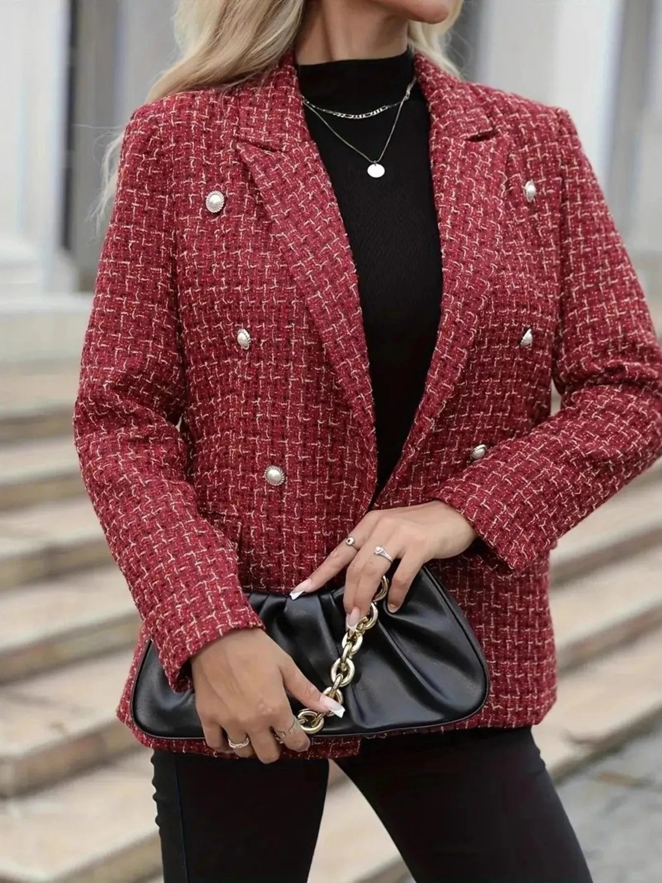Plaid Double-Breasted Tweed Blazer - Fashorio