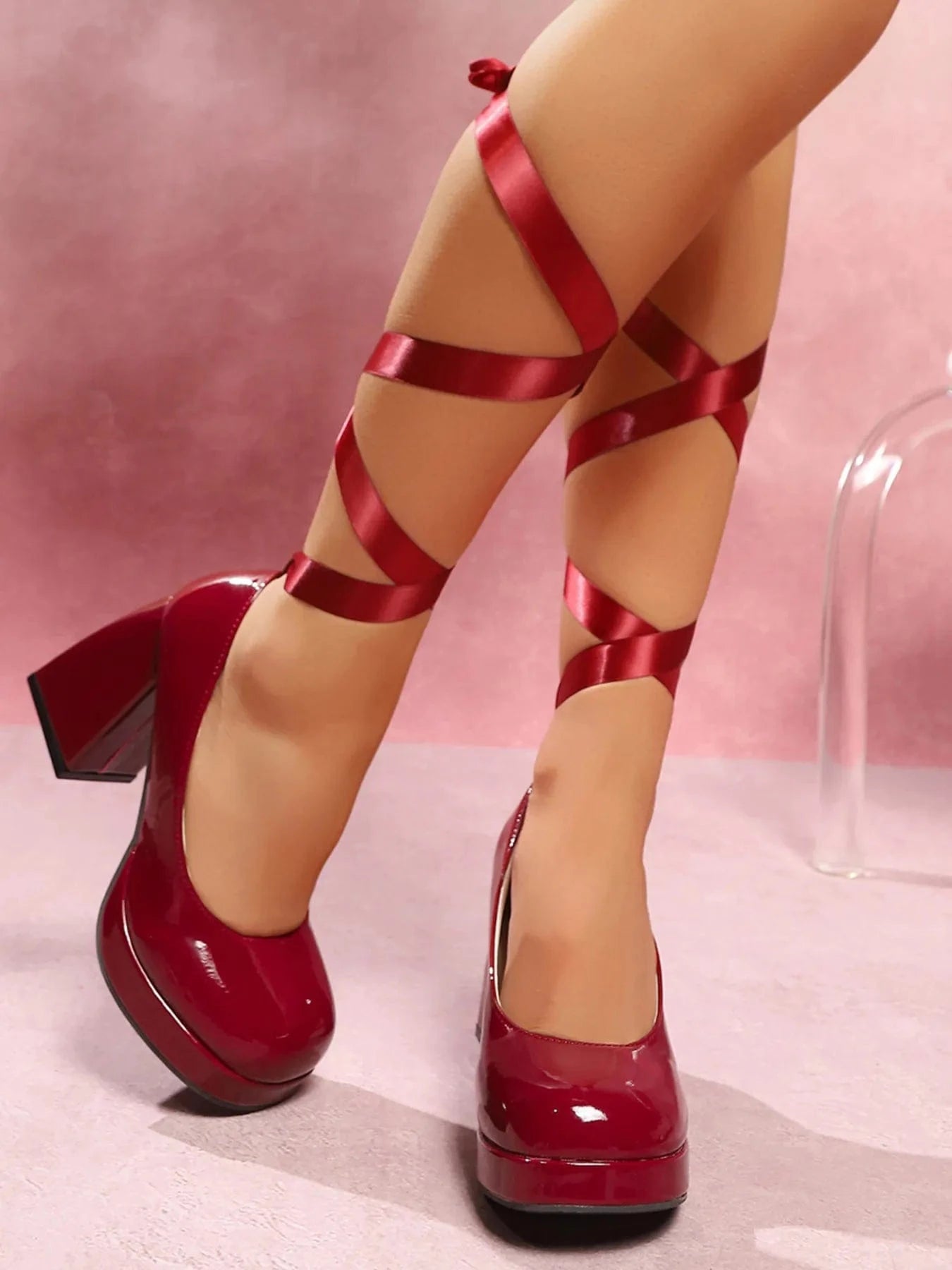 Platform Block Heel Pumps with Ankle Wrap Straps - Fashorio