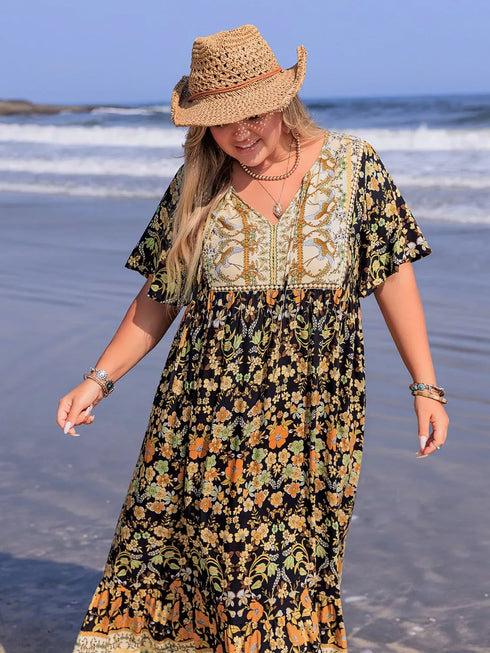 Fashorio Plus Size Bohemian Floral Tiered Maxi Dress