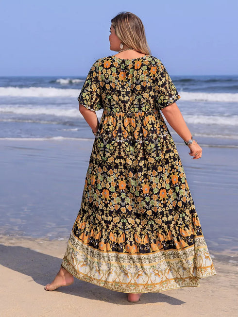 Fashorio Plus Size Bohemian Floral Tiered Maxi Dress