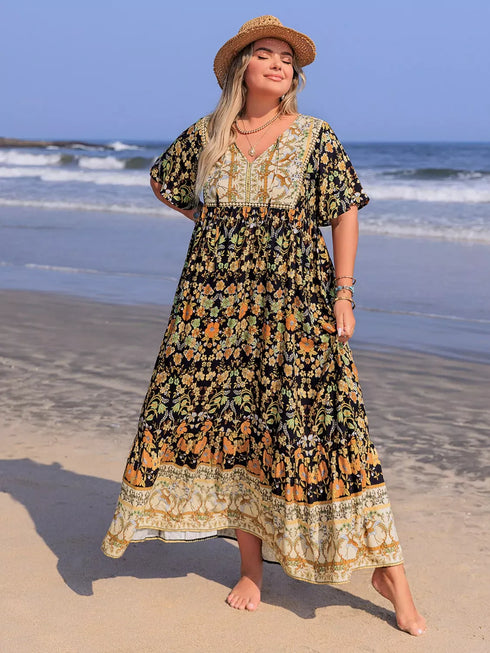 Fashorio Plus Size Bohemian Floral Tiered Maxi Dress