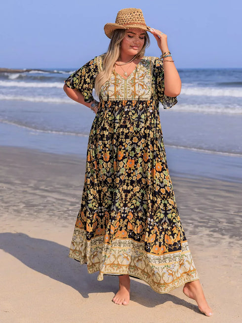 Fashorio Plus Size Bohemian Floral Tiered Maxi Dress
