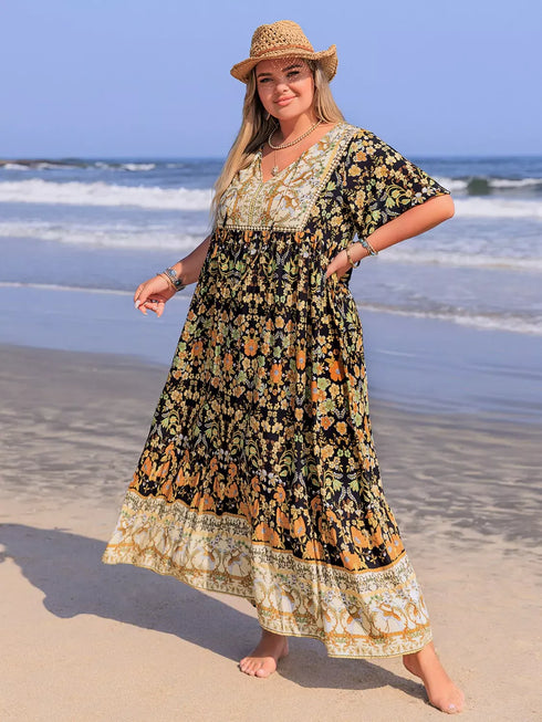 Fashorio Plus Size Bohemian Floral Tiered Maxi Dress