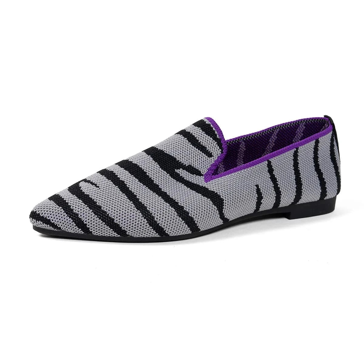Point Toe Animal Print Knit Slip-On Loafers with Contrast Trim - Fashorio