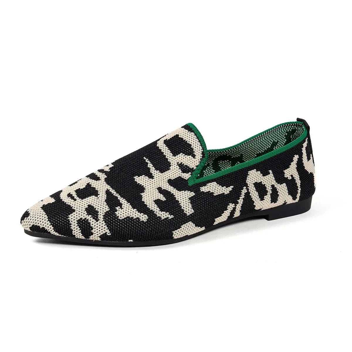 Point Toe Animal Print Knit Slip-On Loafers with Contrast Trim - Fashorio