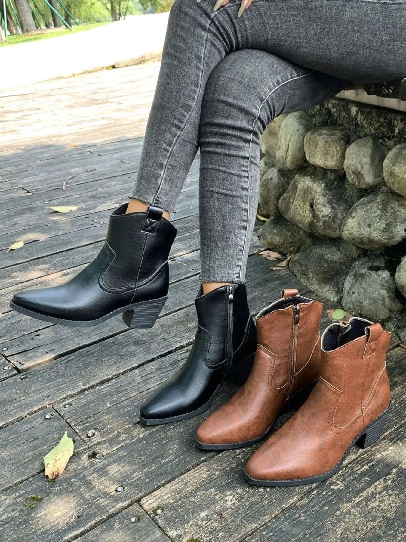 Point Toe Block Heels Boots - Fashorio