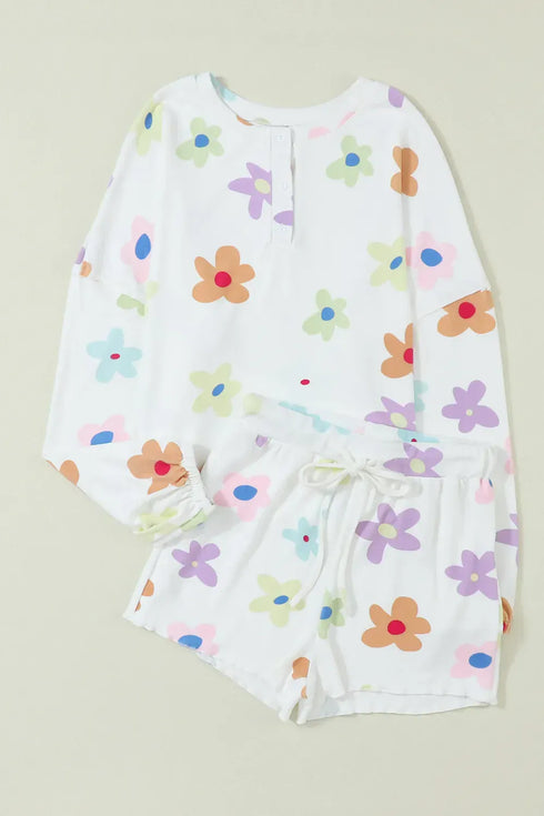 Fashorio Printed Quarter Button Top and Drawstring Shorts Lounge Set