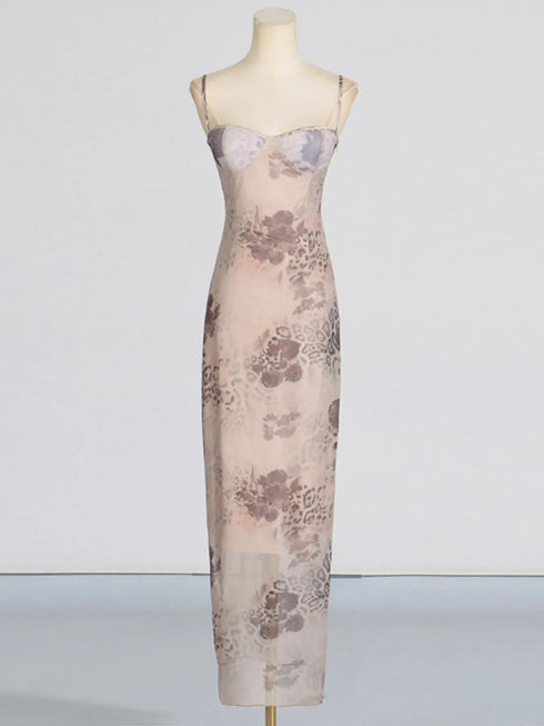 Fashorio Printed Sweetheart Neck Bodycon Maxi Dress