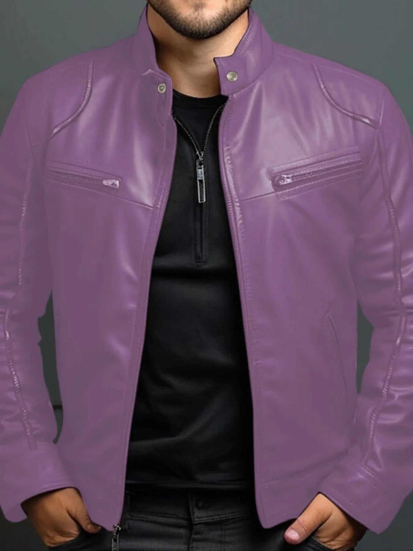 Men's Full Size Leather Motorcycle Jacket with Zipper Front Plus Size Purple - Fashorio