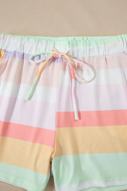 Fashorio Rainbow Striped Round Neck T Shirt and Shorts Lounge Set