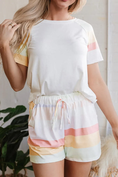 Fashorio Rainbow Striped Round Neck T Shirt and Shorts Lounge Set