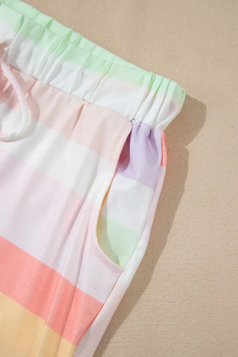 Fashorio Rainbow Striped Round Neck T Shirt and Shorts Lounge Set