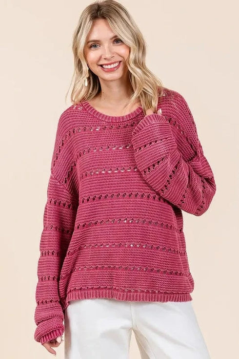 Mittoshop Openwork Round Neck Drop Shoulder Sweater RASPBERRY - Fashorio
