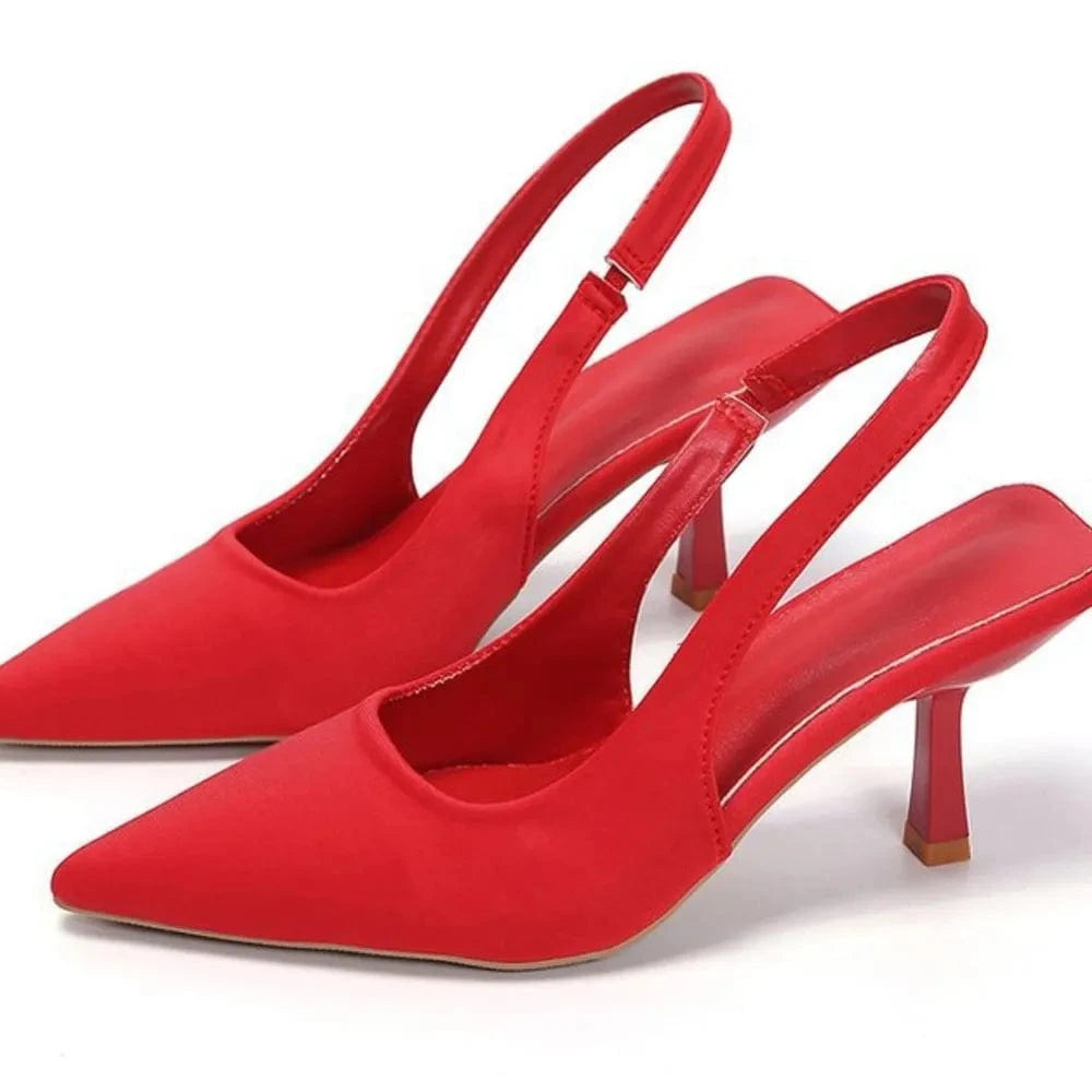 Point Toe Kitten Heel Slingback Pumps Red - Fashorio