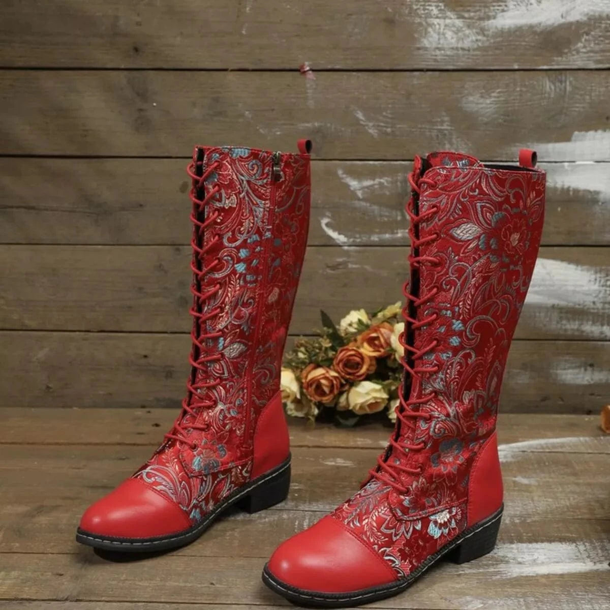 Lace Up Block Heels Boots Red - Fashorio