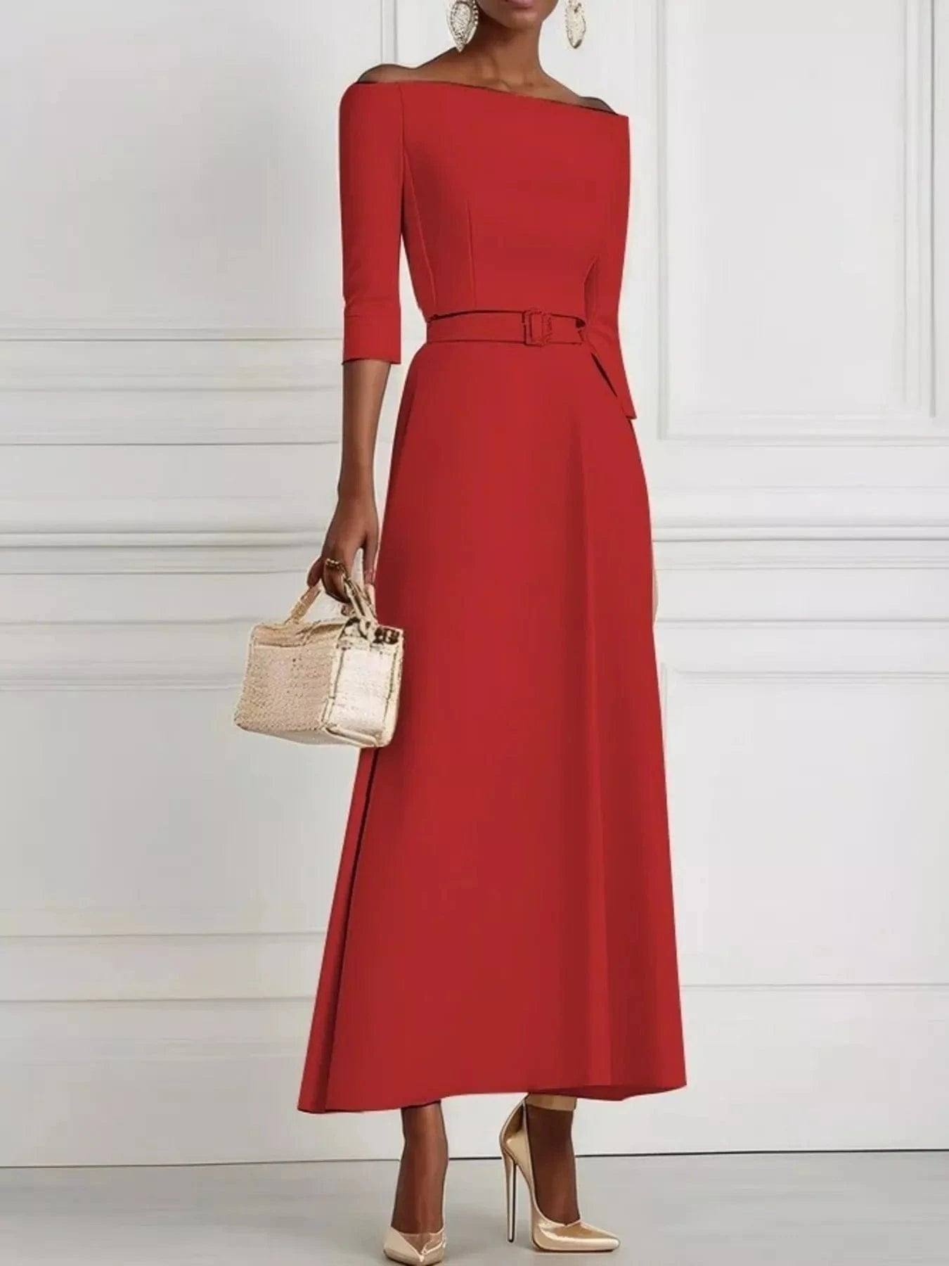 Elegant Off-Shoulder Belted Maxi Dress Red - Fashorio