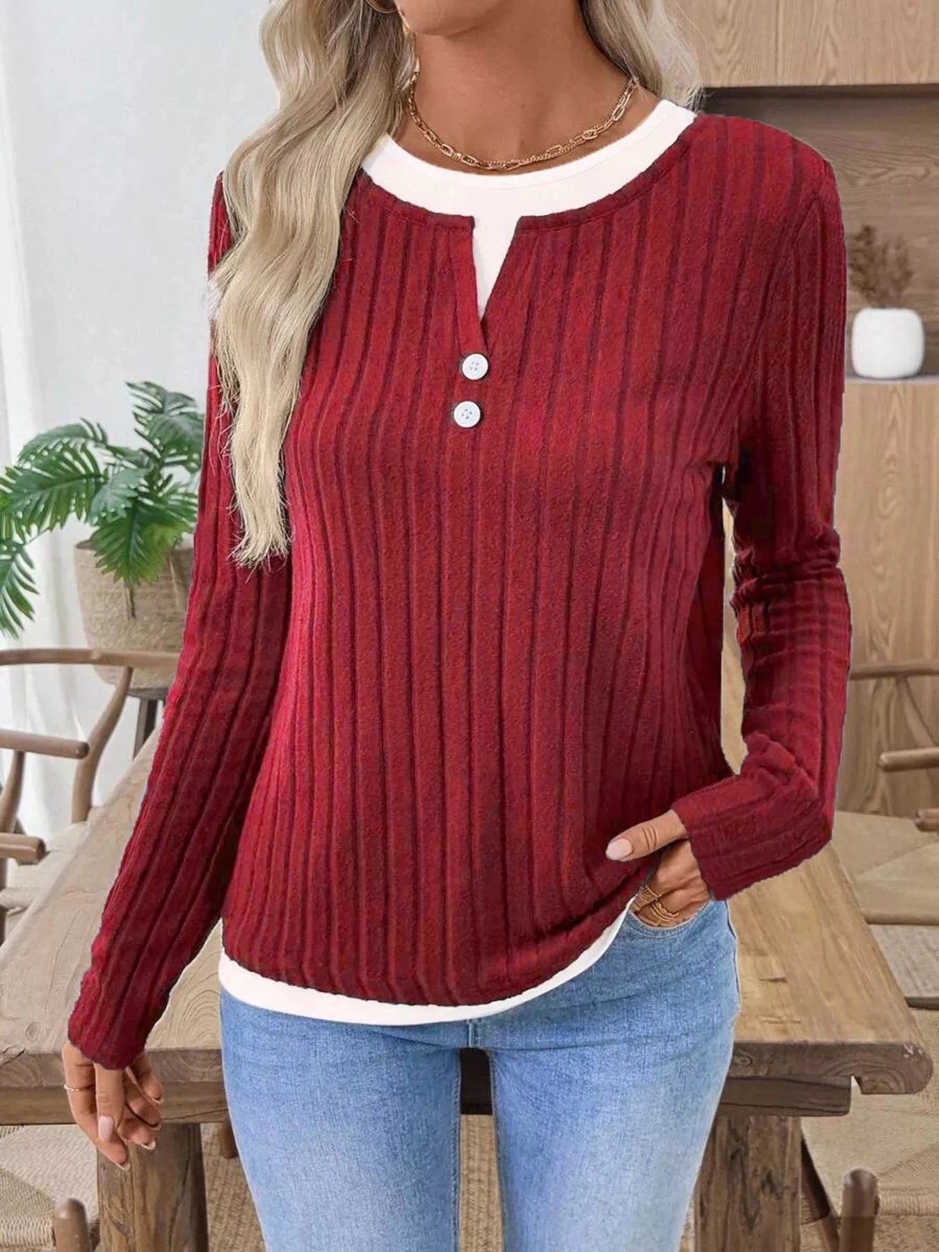 Ribbed Knit Button Detail Contrast Sweater Red - Fashorio