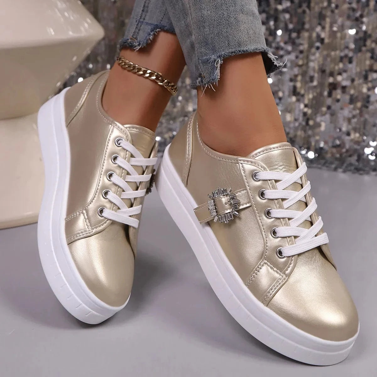 Rhinestone Embellishment Platform Sneakers - Fashorio