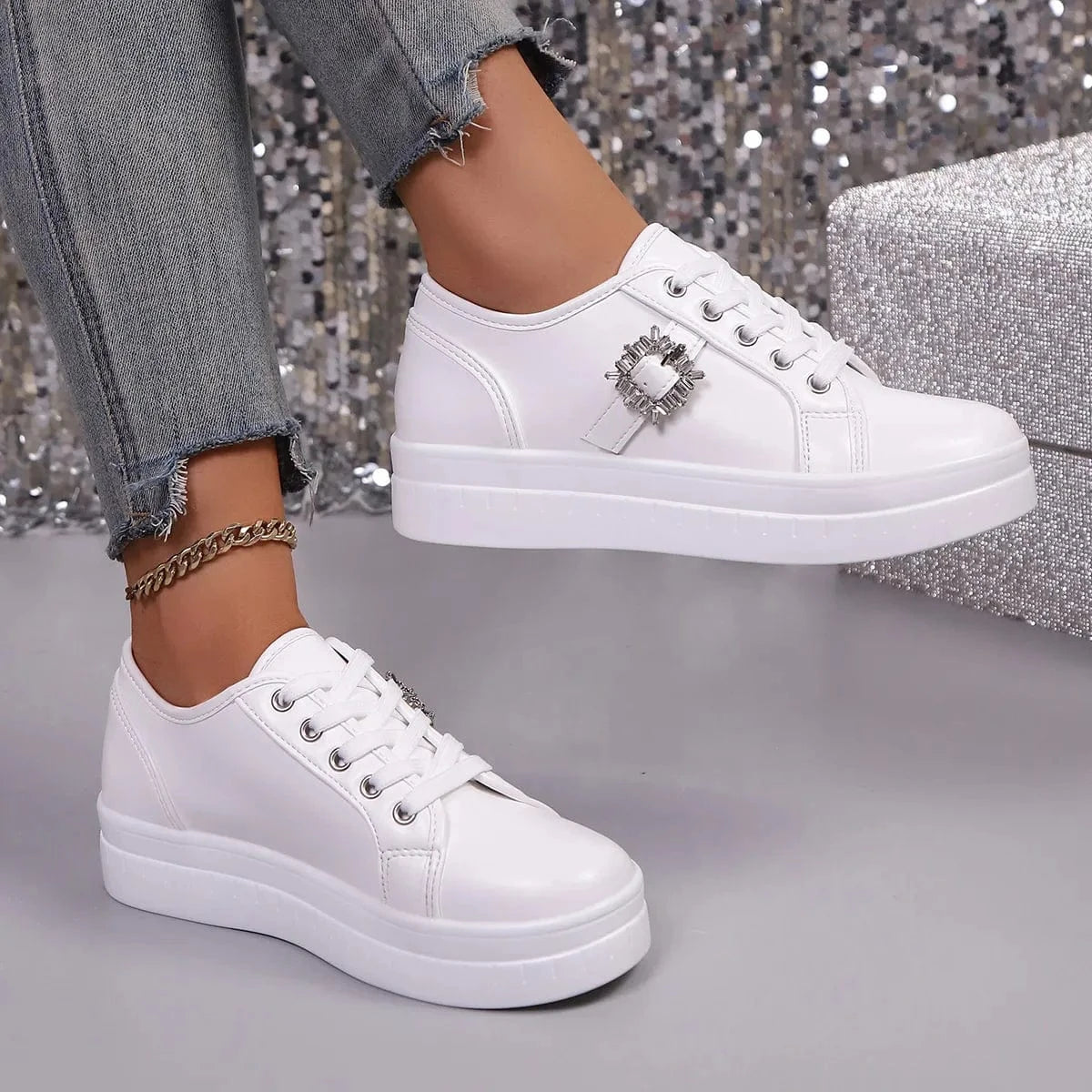 Rhinestone Embellishment Platform Sneakers - Fashorio