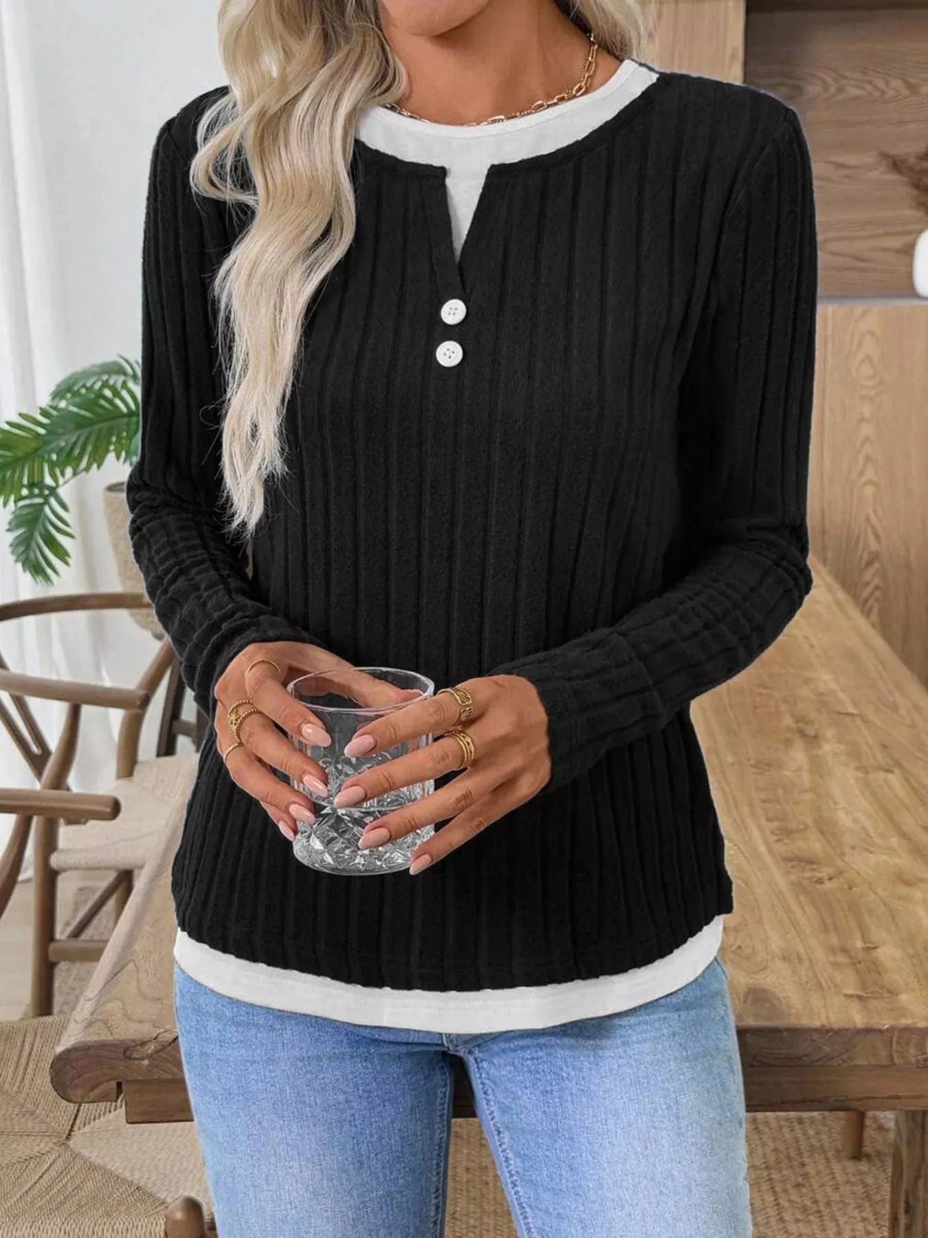 Ribbed Knit Button Detail Contrast Sweater - Fashorio