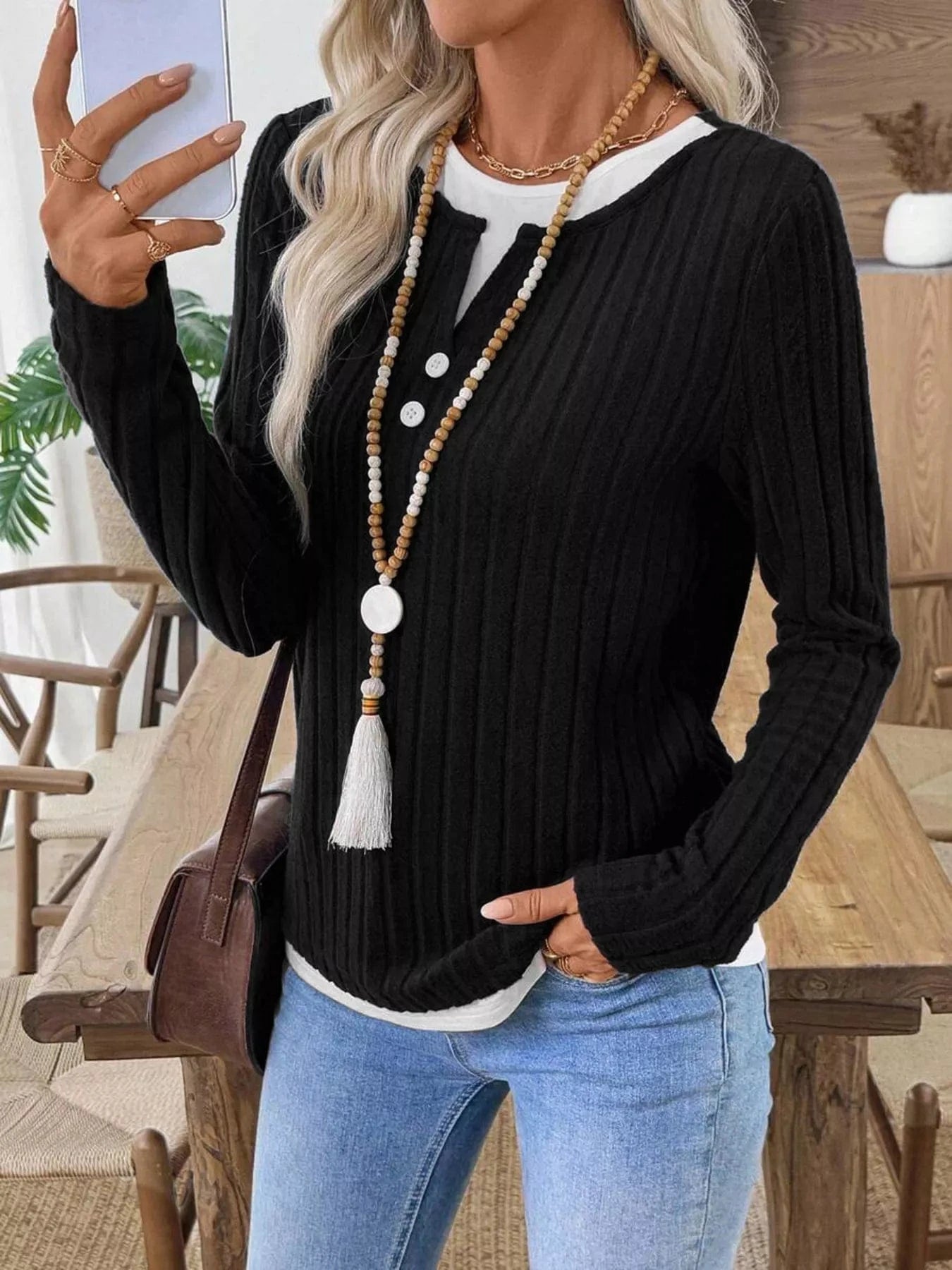 Ribbed Knit Button Detail Contrast Sweater - Fashorio