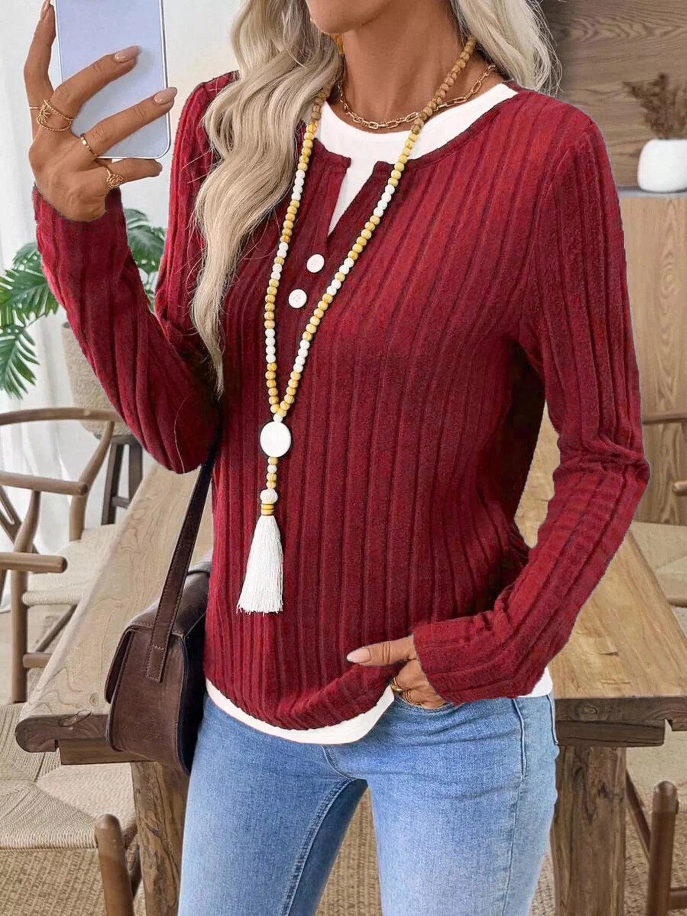 Ribbed Knit Button Detail Contrast Sweater - Fashorio
