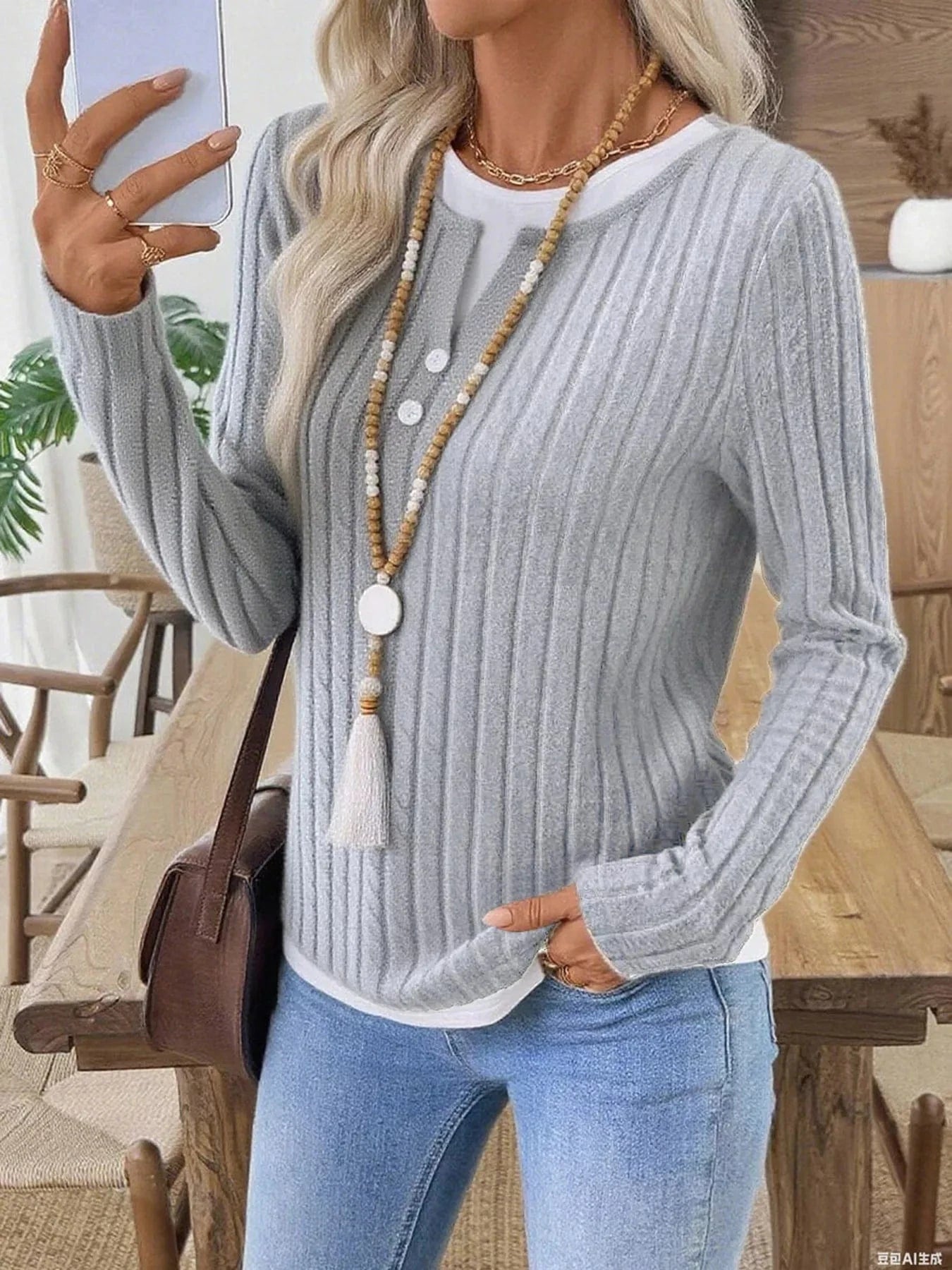 Ribbed Knit Button Detail Contrast Sweater - Fashorio