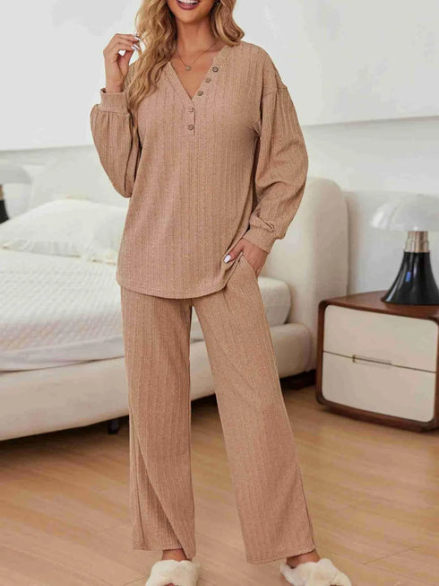 Fashorio Ribbed Knit Top and Pants Lounge Set with Button Detail