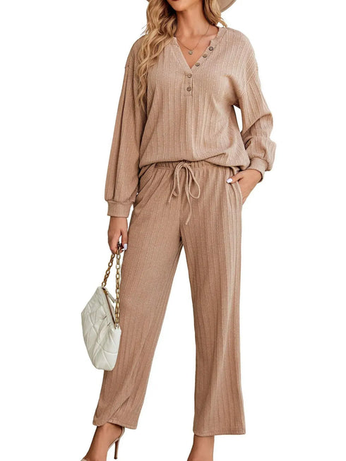 Fashorio Ribbed Knit Top and Pants Lounge Set with Button Detail