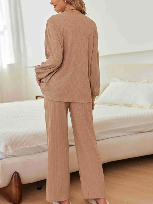 Fashorio Ribbed Knit Top and Pants Lounge Set with Button Detail