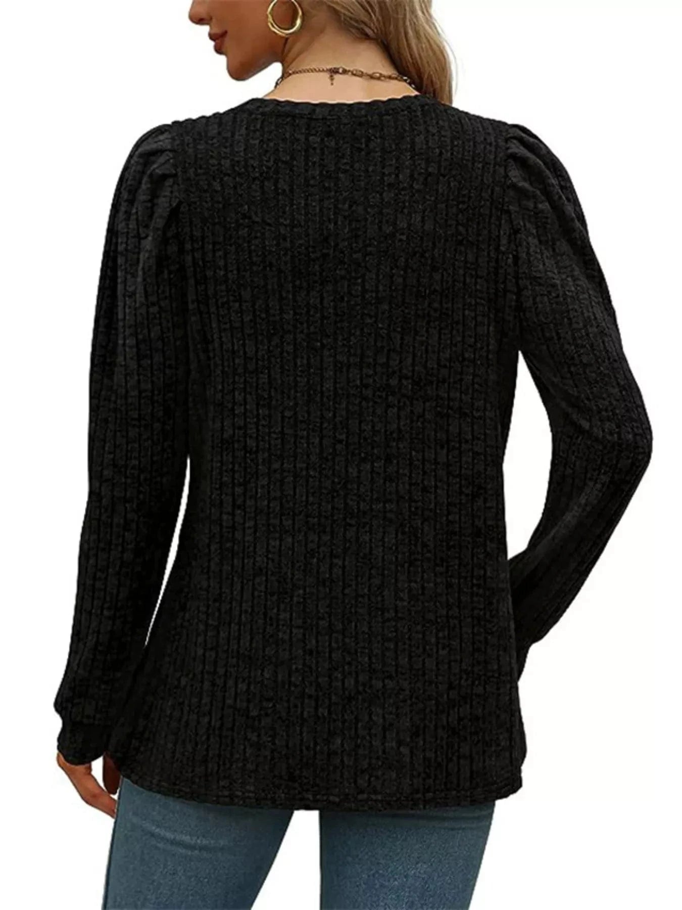 Ribbed Knit Top with Puff Sleeves - Fashorio