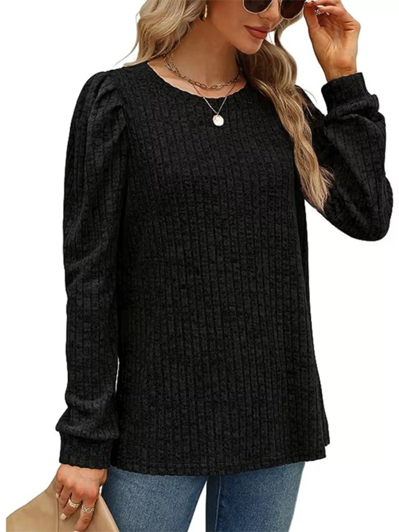 Ribbed Knit Top with Puff Sleeves - Fashorio