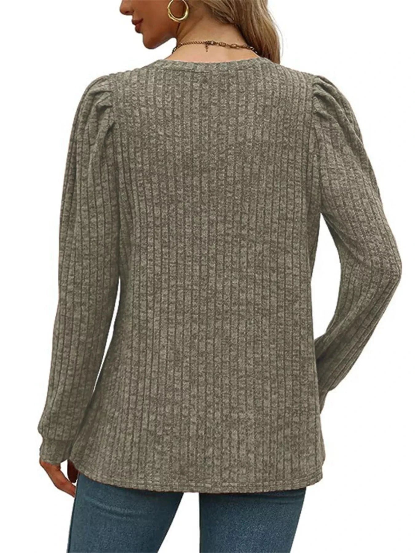 Ribbed Knit Top with Puff Sleeves - Fashorio