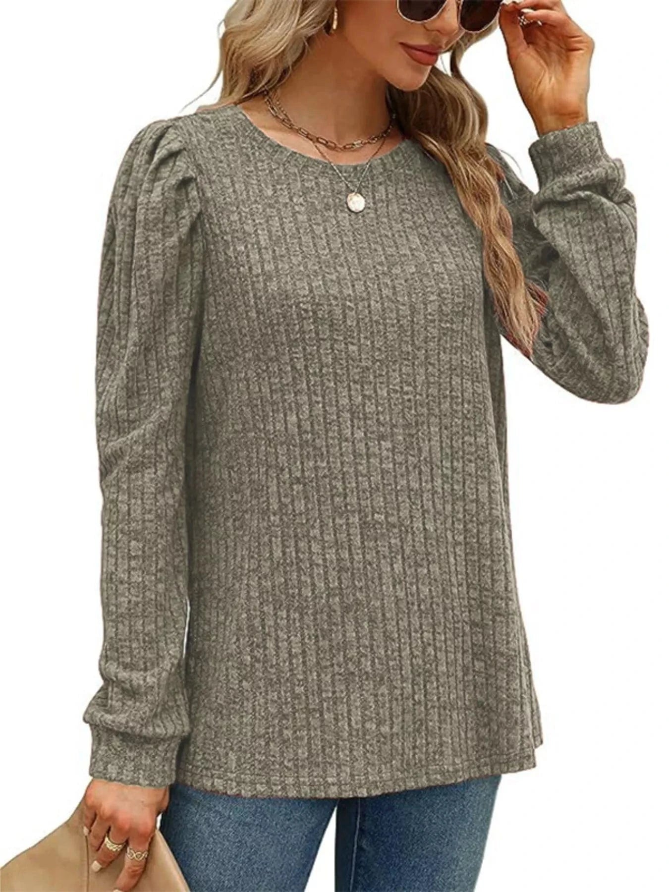 Ribbed Knit Top with Puff Sleeves - Fashorio