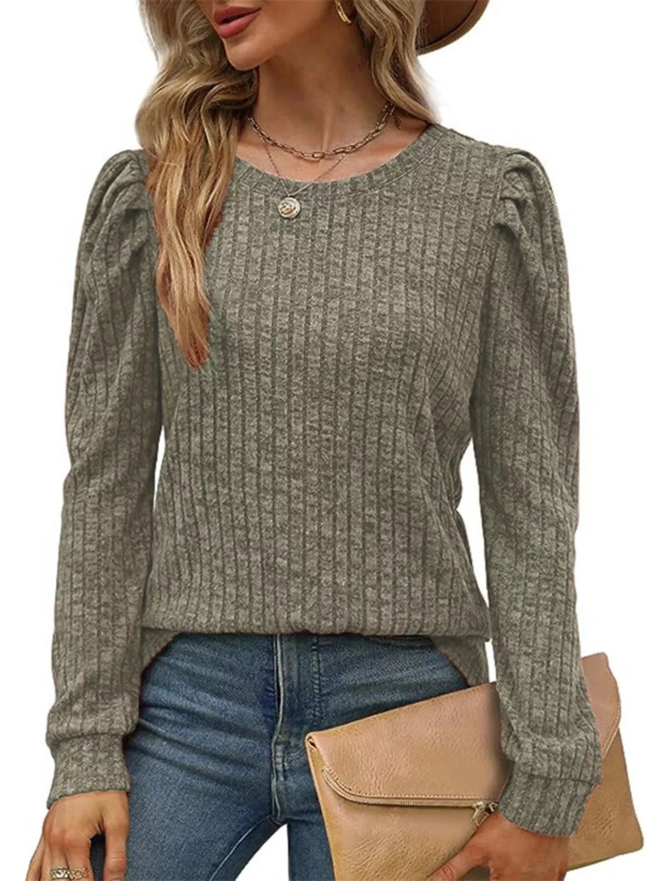 Ribbed Knit Top with Puff Sleeves - Fashorio