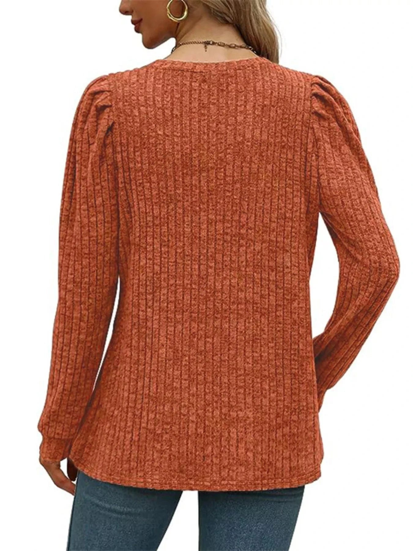 Ribbed Knit Top with Puff Sleeves - Fashorio