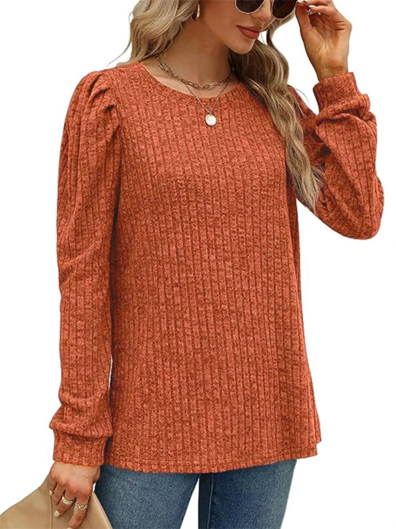 Ribbed Knit Top with Puff Sleeves - Fashorio