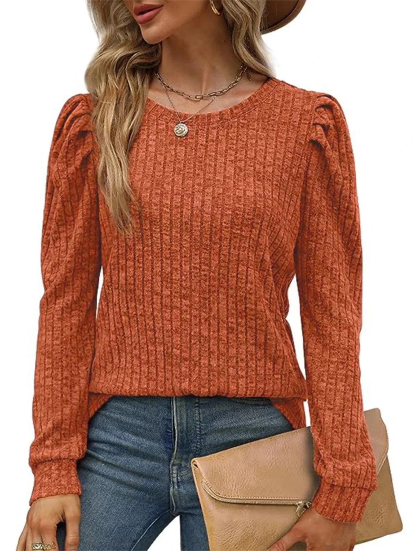 Ribbed Knit Top with Puff Sleeves - Fashorio