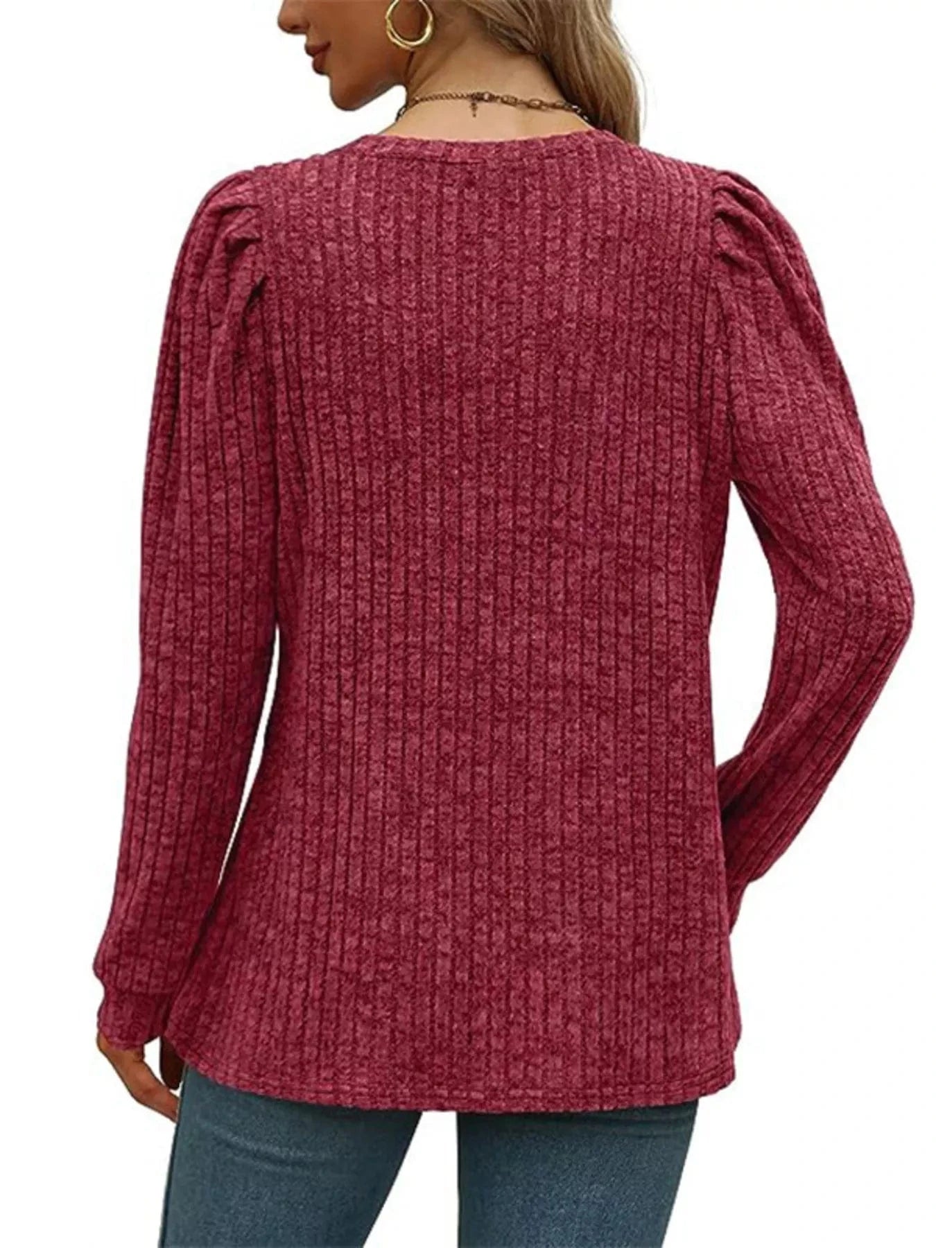 Ribbed Knit Top with Puff Sleeves - Fashorio