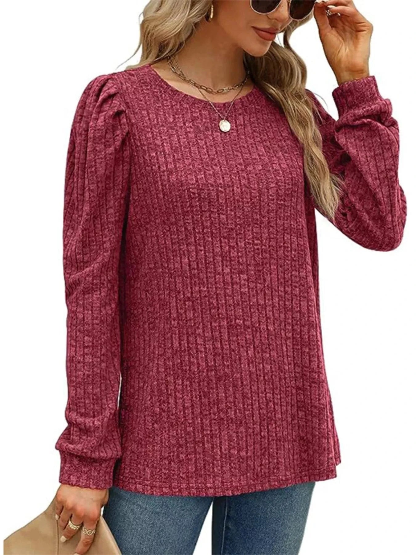 Ribbed Knit Top with Puff Sleeves - Fashorio