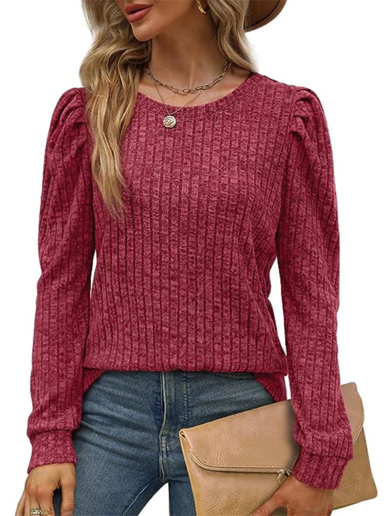 Ribbed Knit Top with Puff Sleeves - Fashorio