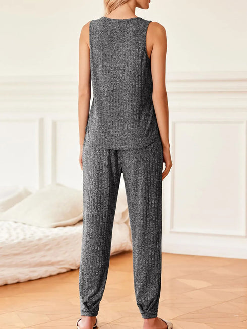 Fashorio Ribbed Knit V-Neck Tank and Pants Lounge Set